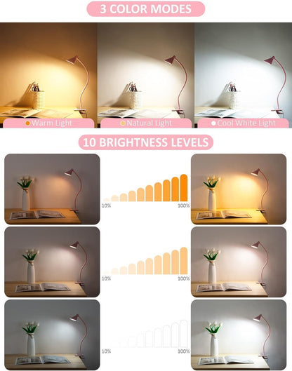 Clip on Light LED Reading Light for Books in Bed, Eye Care Dimmable Reading Lamp 3 Color & 10 Brightness Levels Flexible Clip on Lamp Reading Light for Bed Headboard Bedside Dorm Desk Table - Black