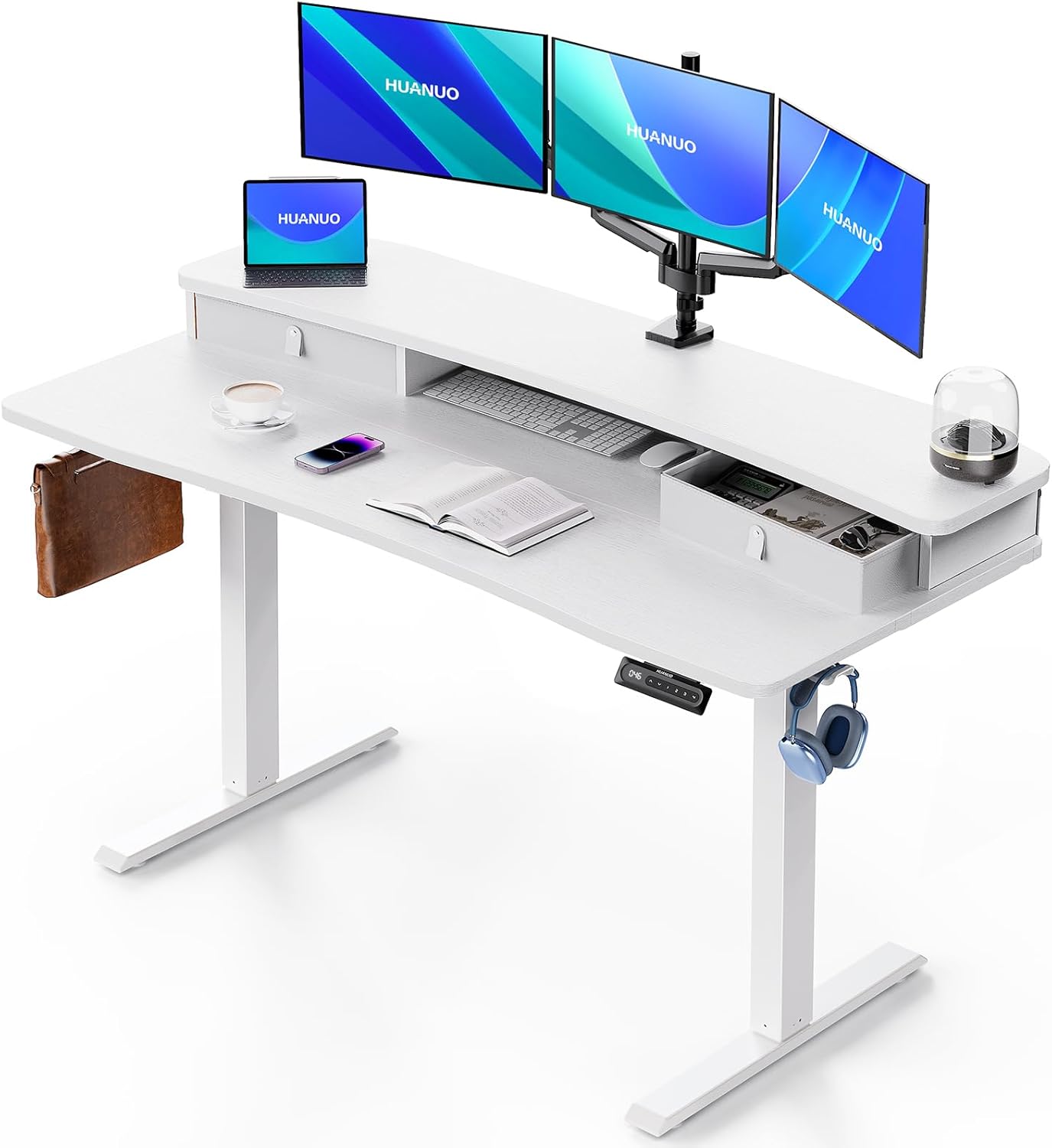 HUANUO 48″ x 24″ Electric Standing Desk with 2 Drawers, C-Clamp Mount Compatible, Height Adjustable Computer Desk, Home Office Stand Up Desk with 4 Preset Heights & 2 Hooks, Black