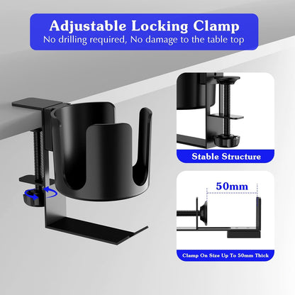 Desk Cup Holder Clip On 360° Rotating Clamp,Deeper Anti-Spill Drink Holders for Water Bottles & Coffee Mugs,Adjustable Clamp Fits Screw On Table for Drinks,Office,Gaming Desk,Home,Black