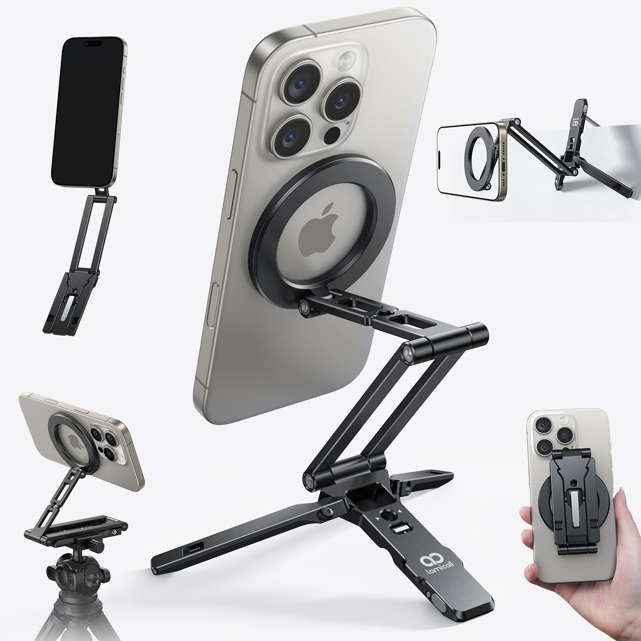 Lamicall for Magsafe Tripod Stand - [Ultra-Compact] Aluminium Magnetic Phone Tripod for iPhone 17/16 Pro Max, Flexible Cell Phone Mount Gift with 1/4" Screw, Arca & Hook Accessories Women Men Black