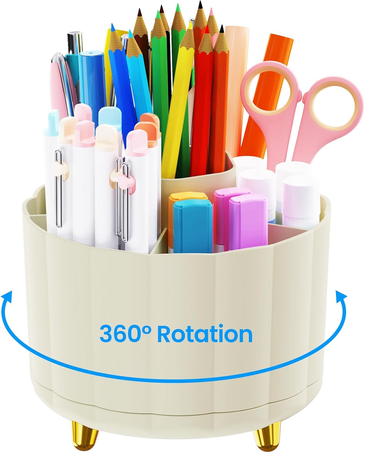 360 Rotating Pencil Pen Holder for Desk, White Pen Organizer with 6 Slots, Cute Office Supplies, Desk Accessories for Office, School, Home