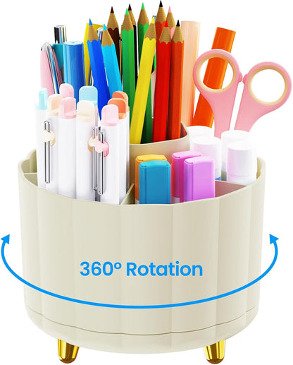 360 Rotating Pencil Pen Holder for Desk, White Pen Organizer with 6 Slots, Cute Office Supplies, Desk Accessories for Office, School, Home