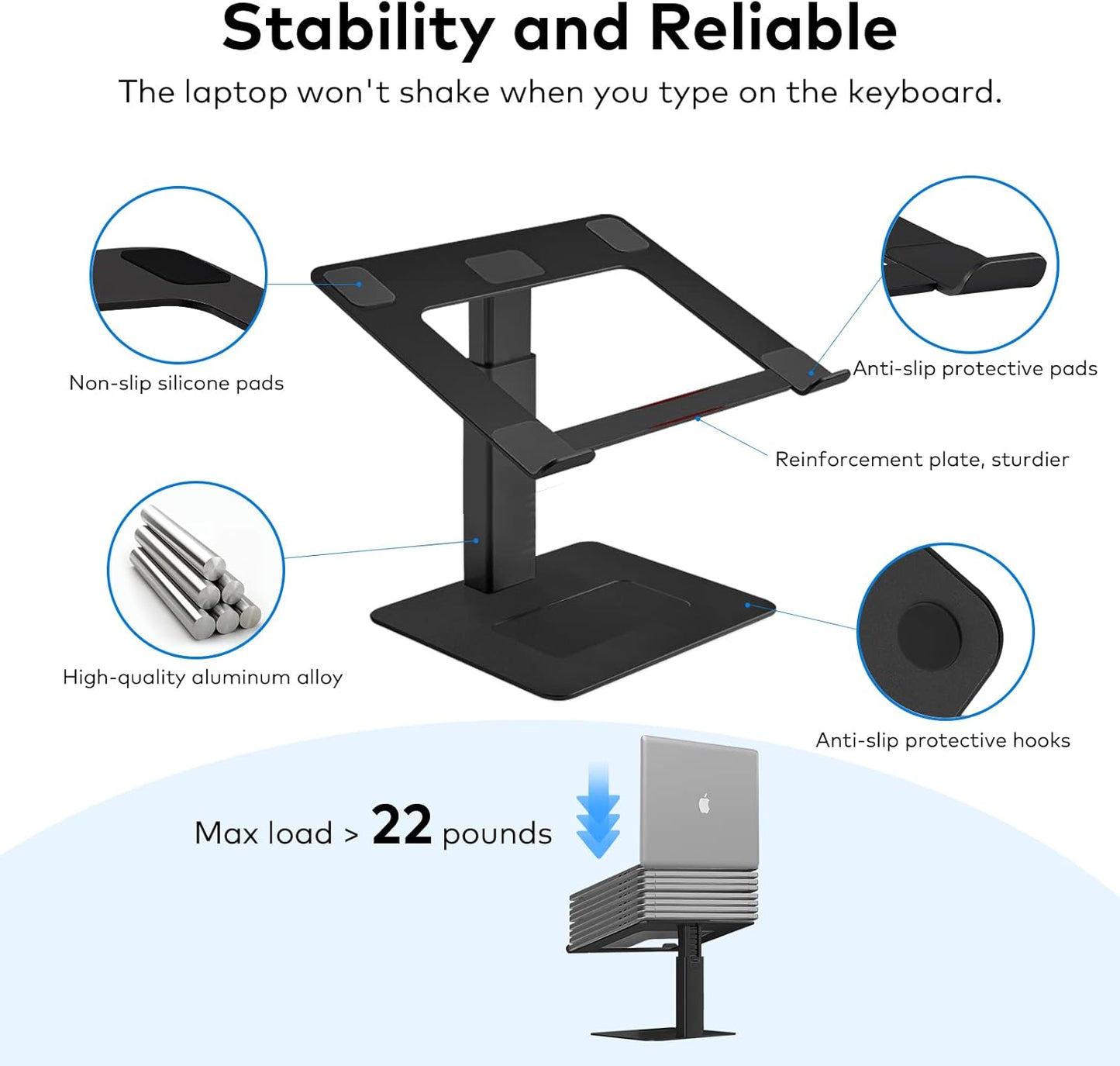 Adjustable Laptop Stand, Tall, Strong, Airflow, Suitable for 13.3-17.3 Inch Laptops, Lift Screen to Eye Level for Video Conferences
