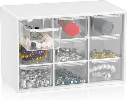 Small Drawer Organizer for Desk, 7.1" x 3. 8" x 4.6" Mini Desktop Drawer Organizer with 9 Clear Drawers, Plastic Desktop Craft Storage Box for Desk Office School Home (White)