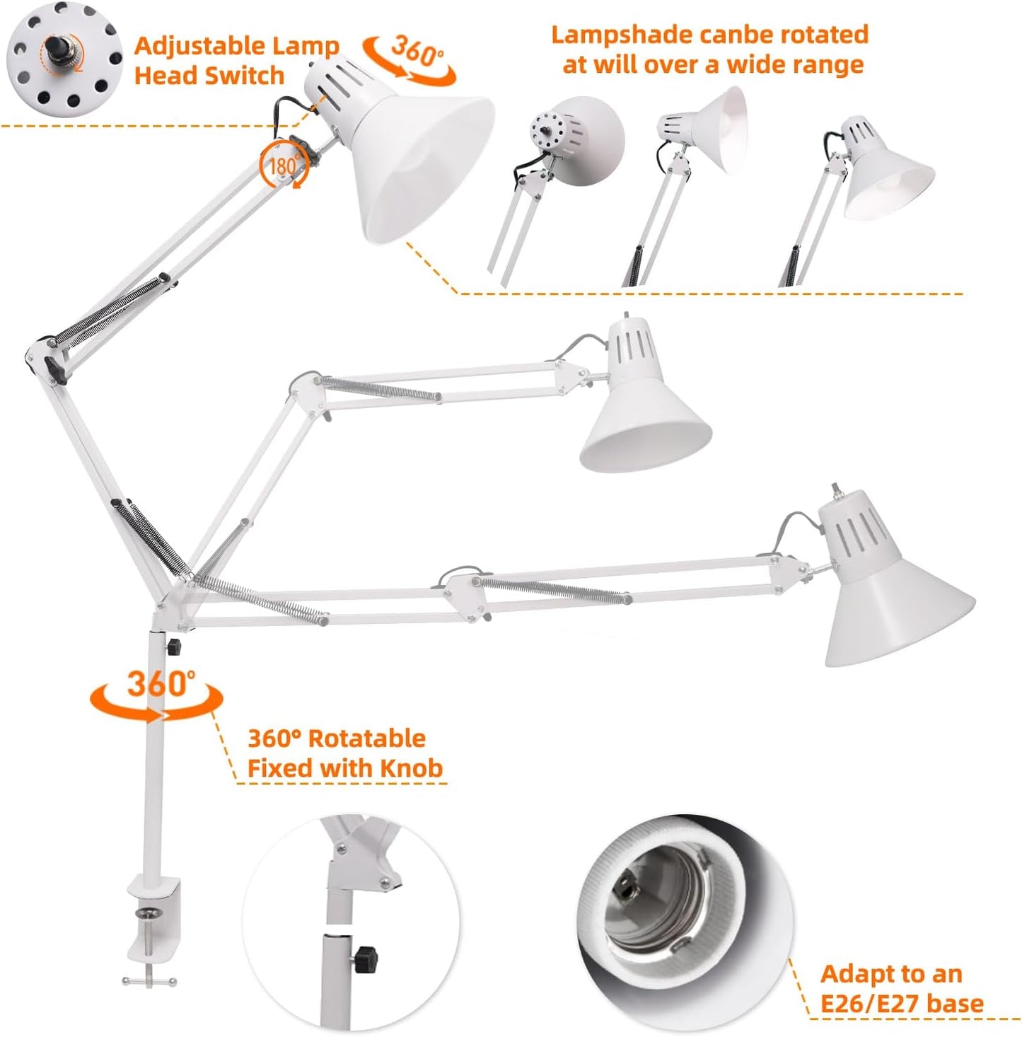 Desk Lamp With Clamp for Home Office, Eye-Caring Clip on Light with Adjustable Extra Tall Metal Swing Arm, High Intensity Clamp Lamp w/LED Bulb, Architect Task Table Lamps for Study, Workbench-B/5000k