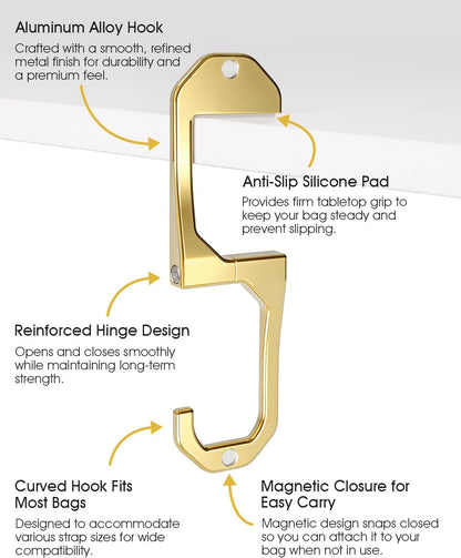 Purse Hook for Table - Portable Purse Hanger for Table with Magnetic Closure, Compact Bag Hook for Handbags, Totes & Backpacks, Stylish Stocking Stuffer Christmas Gift (Gold)