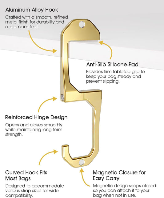 Purse Hook for Table - Portable Purse Hanger for Table with Magnetic Closure, Compact Bag Hook for Handbags, Totes & Backpacks, Stylish Stocking Stuffer Christmas Gift (Gold)