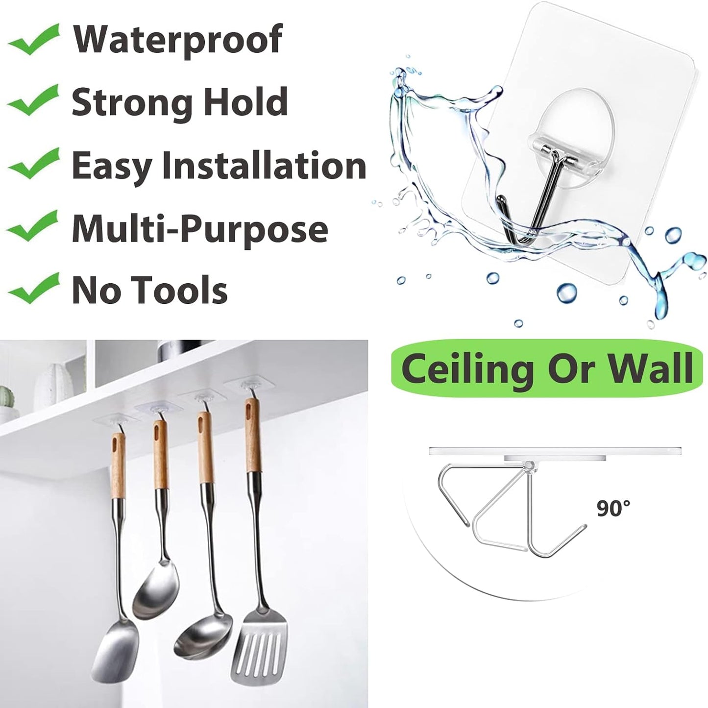 JINSHUNFA Adhesive Wall Hooks 13LB Heavy Duty No Drill Large Transparent Waterproof Hooks for Bathroom Kitchen Towel Coat 8 Pack