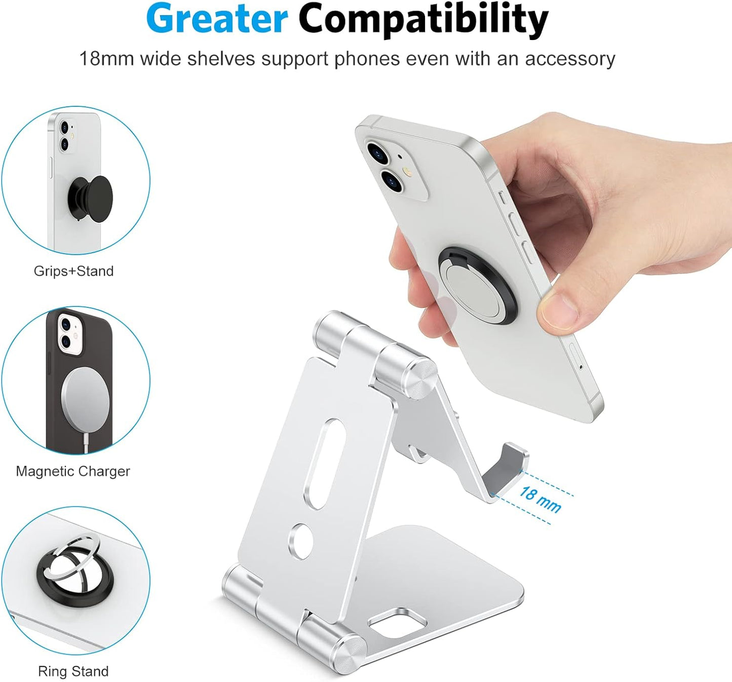 OMOTON Foldable Cell Phone Stand, C4 Portable Aluminum Phone Holder, Adjustable Phone Dock Cradle for iPhone 17/16/15 Pro Max Air, Small Tablets, Smart Phones, Women Men Gift for Fathers Day, Silver