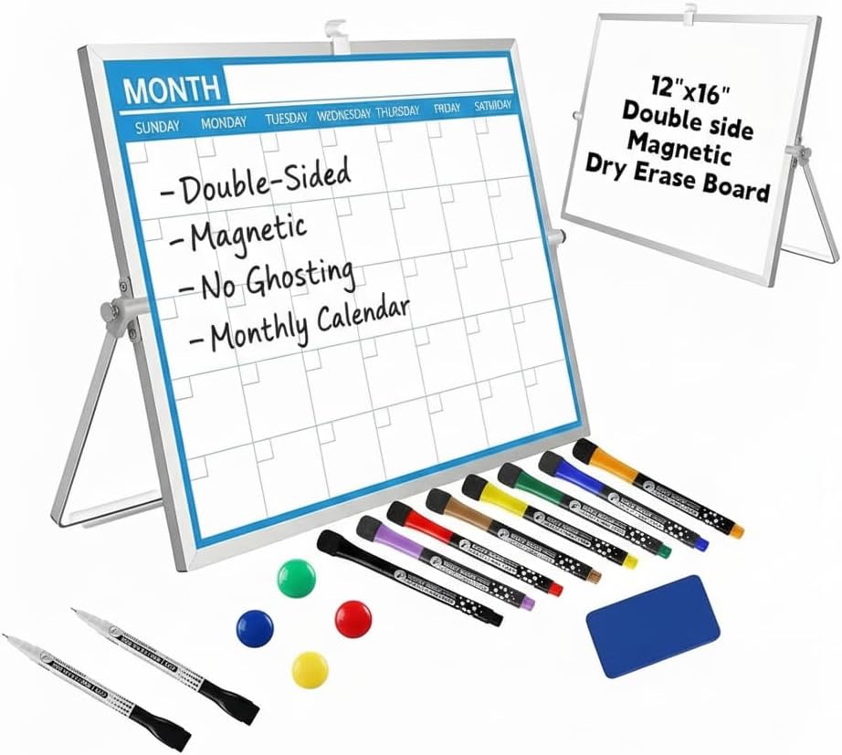 Magnetic Desktop Whiteboard with Calendar 12x16 Inch, Double Sided Tabletop Whiteboard with 10 Premium Markers (for Small Grids), 15-Pc Portable Monthly Planner for Office & School