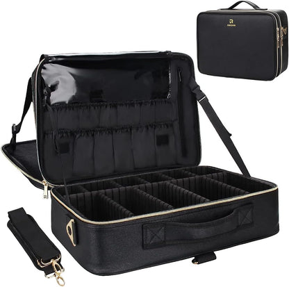 Relavel Makeup Case Large Makeup Bag Professional Train Case 16.5 inches Travel Cosmetic Organizer Brush Holder Waterproof Makeup Artist Storage Box, 3 Layer Large Capacity, with Adjustable Strap