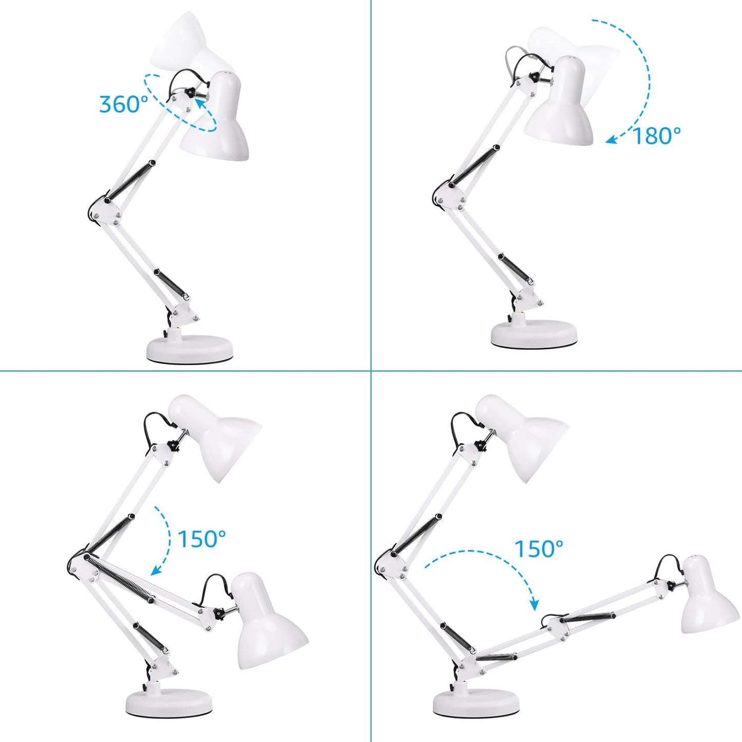 TORCHSTAR Metal Desk Lamp with Clamp, Swing Arm, Architect Adjustable Gooseneck Table Lamp, Clip Desk Lights for Home Office, Work, Study, Reading, E26 Base, Multi-Joint, Black