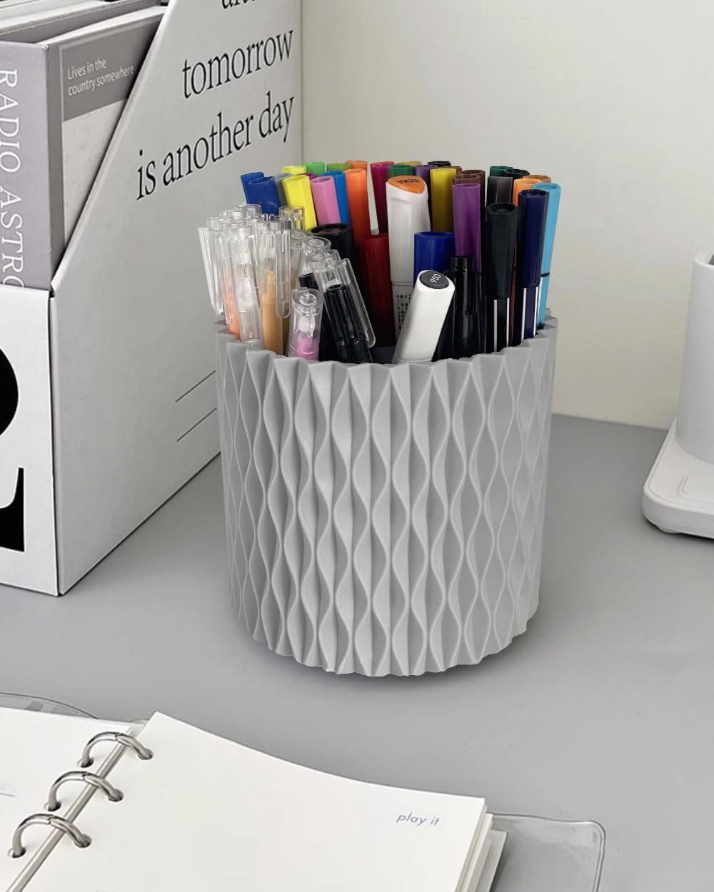 Lebenrich Rotating Pen Holder for Desk, 5 Slots Easthetic Pencil holder Desk Organizer Supplies and Accessories for Women Girls, Pencil Cup for Office Home Art Supply, White