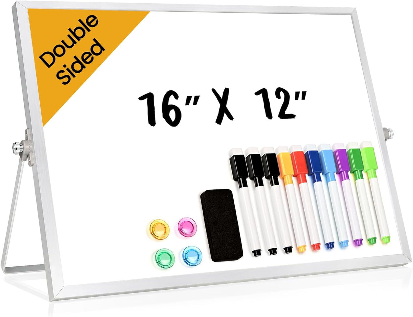 Desktop Whiteboard with Stand, 16" x 12" Double-Sided Dry Erase Board with Stand, Portable Stand White Board for Office, Home, School