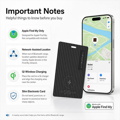 Wallet Tracker Card, Apple MFi Certified, Works with Apple Find My (iOS Only), Rechargeable Wireless Charging Slim Bluetooth Smart Tracking Card, Item Finder for Key, Passport, Luggage, Bag