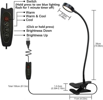 USB Clip-On Desk Lamp with 3 Color Modes, Adjustable Brightness, Gooseneck, 1 Minute Timer, Book Light for Reading Book in Bed at Night Clip on Table, headboard, Dorm, (Warm+Cool White, 8W)