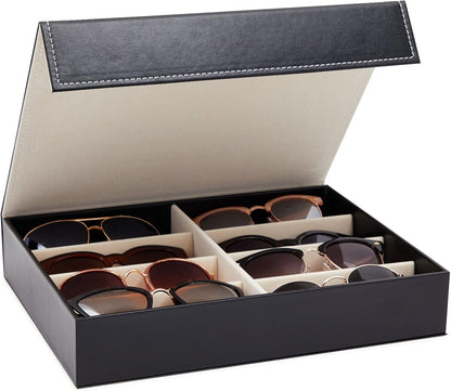Juvale Glasses Case Organizer - 8-Slot, 12.6 x 9.8 x 2.5 in, Black Faux Leather - Sunglasses Storage & Holder for Nightstand & Desk - Flip-Top Display Case