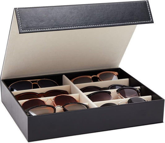 Juvale Glasses Case Organizer - 8-Slot, 12.6 x 9.8 x 2.5 in, Black Faux Leather - Sunglasses Storage & Holder for Nightstand & Desk - Flip-Top Display Case