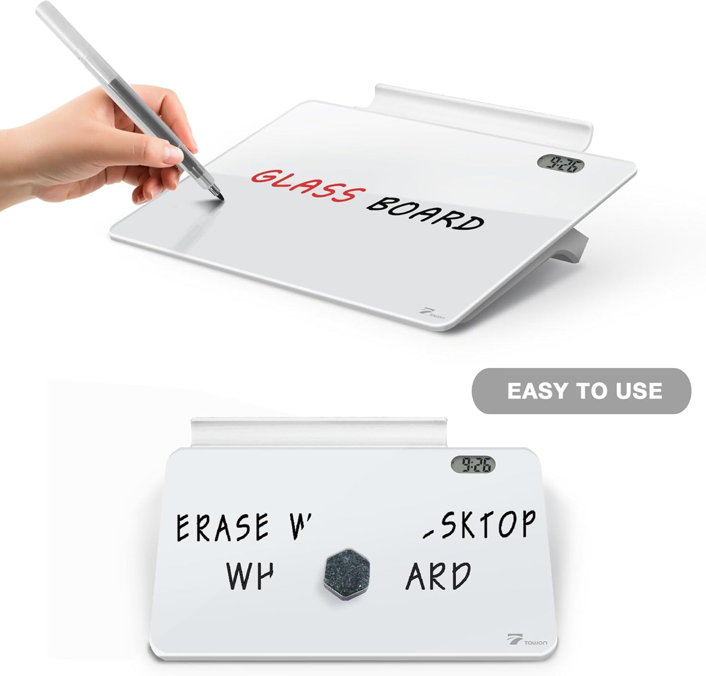 TOWON Small Glass Dry Erase Board, Desk White Board with Standing, Mini Whiteboard Easel Pad Set, Stenography Artifact for Office, Home and School Supplies, 8x6 Inches, Black