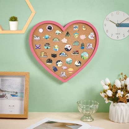 BENECREAT Pearl Pink Heart Pin Cork Board, 7.8x7.1inch Bulletin Display Board Wall Mounted Cork Board with Pink Frame for Brooch Pin Storage Display, Office Home and School Decor