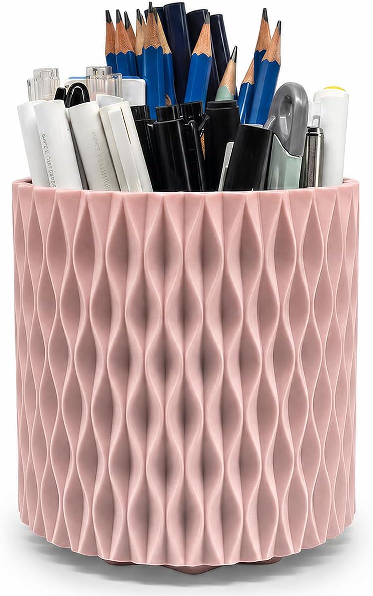 Lebenrich Rotating Pen Holder for Desk, 5 Slots Easthetic Pencil holder Desk Organizer Supplies and Accessories for Women Girls, Pencil Cup for Office Home Art Supply, White