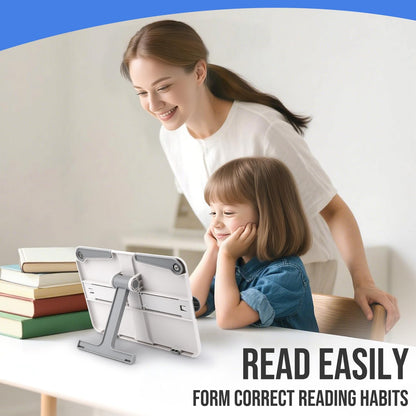 Adjustable Metal Book Stand Tray Portable Foldable Lightweight Bookstands Page Clips Rest for Music Score Cookbook Tablet Textbooks Ergonomic Reading Posture (Grey)