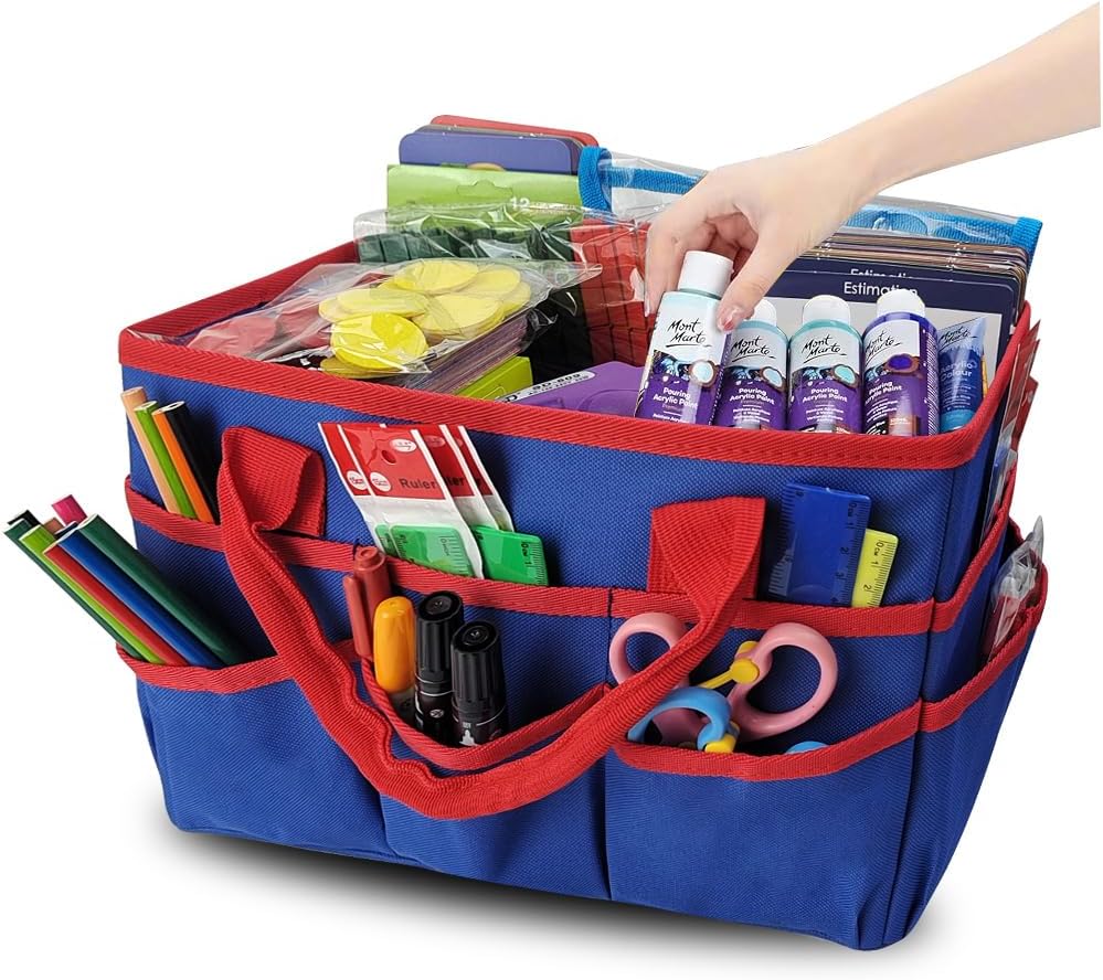 Mewise Teacher Handle Tote Bag Organizer,Tote Bag Organization for Crafts,Art,Paper,Books,School,Sewing,Travel with Handles,Ofiice Supplies Storage (Blue)