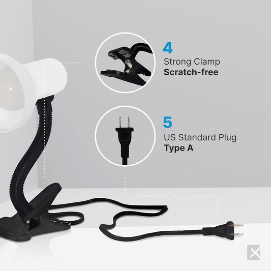 Xtricity LED Clip on Desk Lamp with 360° Flexible Gooseneck, Reading Light for Bed Headboard– A19 Bulb Included, 120V, On/Off Switch, 10.25” Height Table Lamp with White Finish