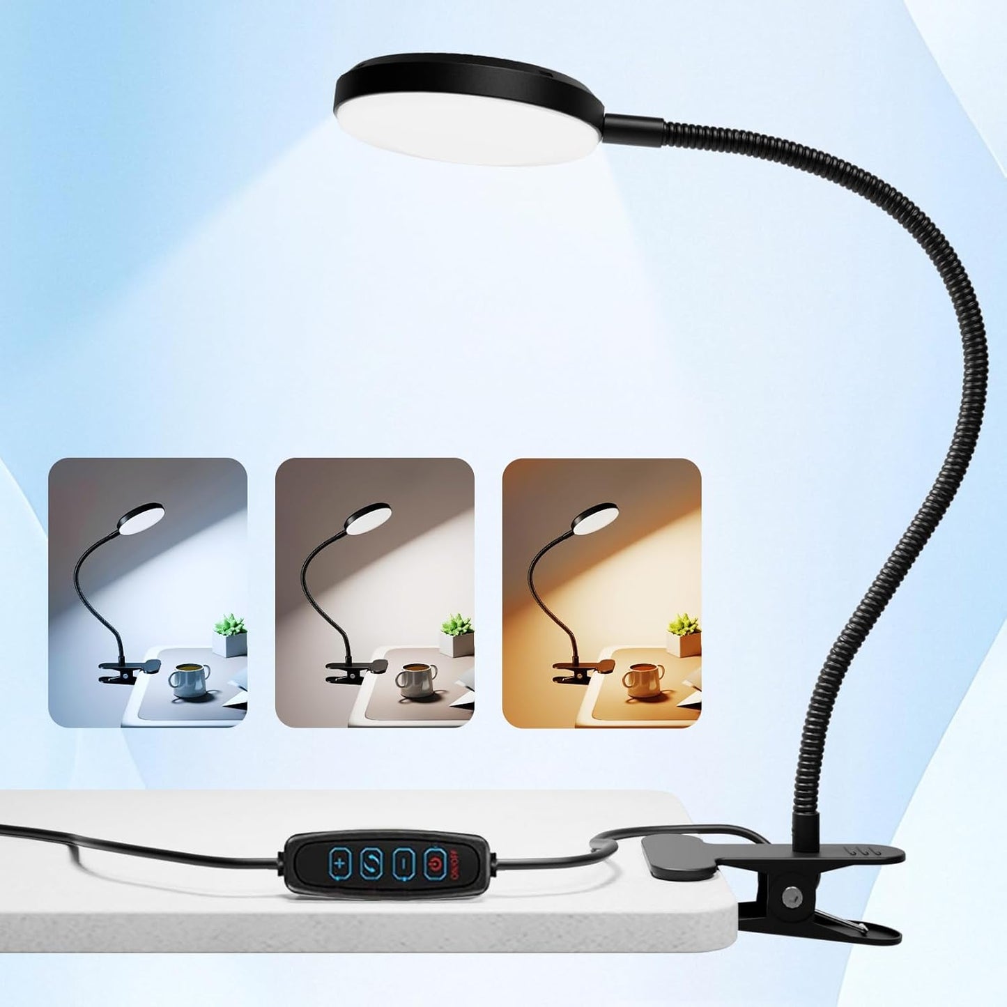 Desk Lamp with Clamp-10W，2-in-1 with RGB Ambient & Warm White Light,Book Reading Light Color Changeable/Flexible Gooseneck LED Lamps Clip on Bed Headboard and Computers 800LM-Black