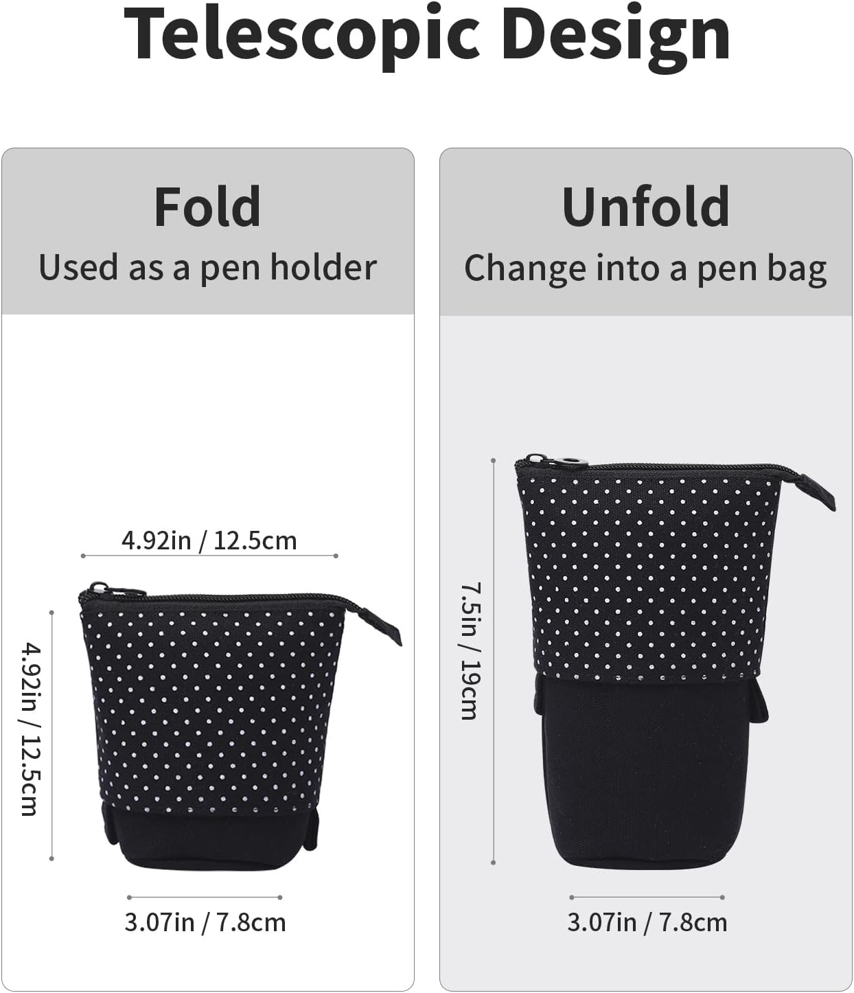 Sooez Standing Pencil Case, Cute Stand up Pencil Pouch, Telescopic Pen Pouch, Portable Pencil Holder, Kawaii Stand up Pencil Case, Spacious Pencil Pouch Bag for School Office Supplies, Black