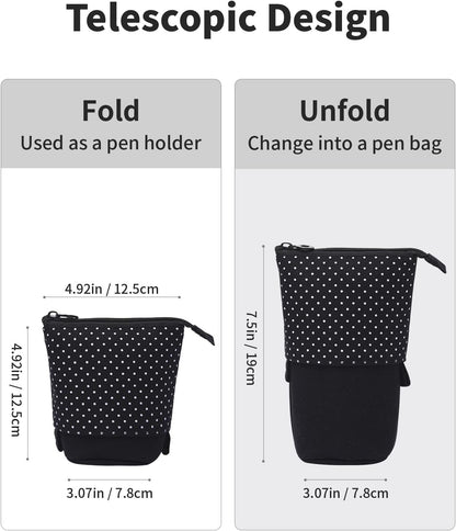 Sooez Standing Pencil Case, Cute Stand up Pencil Pouch, Telescopic Pen Pouch, Portable Pencil Holder, Kawaii Stand up Pencil Case, Spacious Pencil Pouch Bag for School Office Supplies, Black
