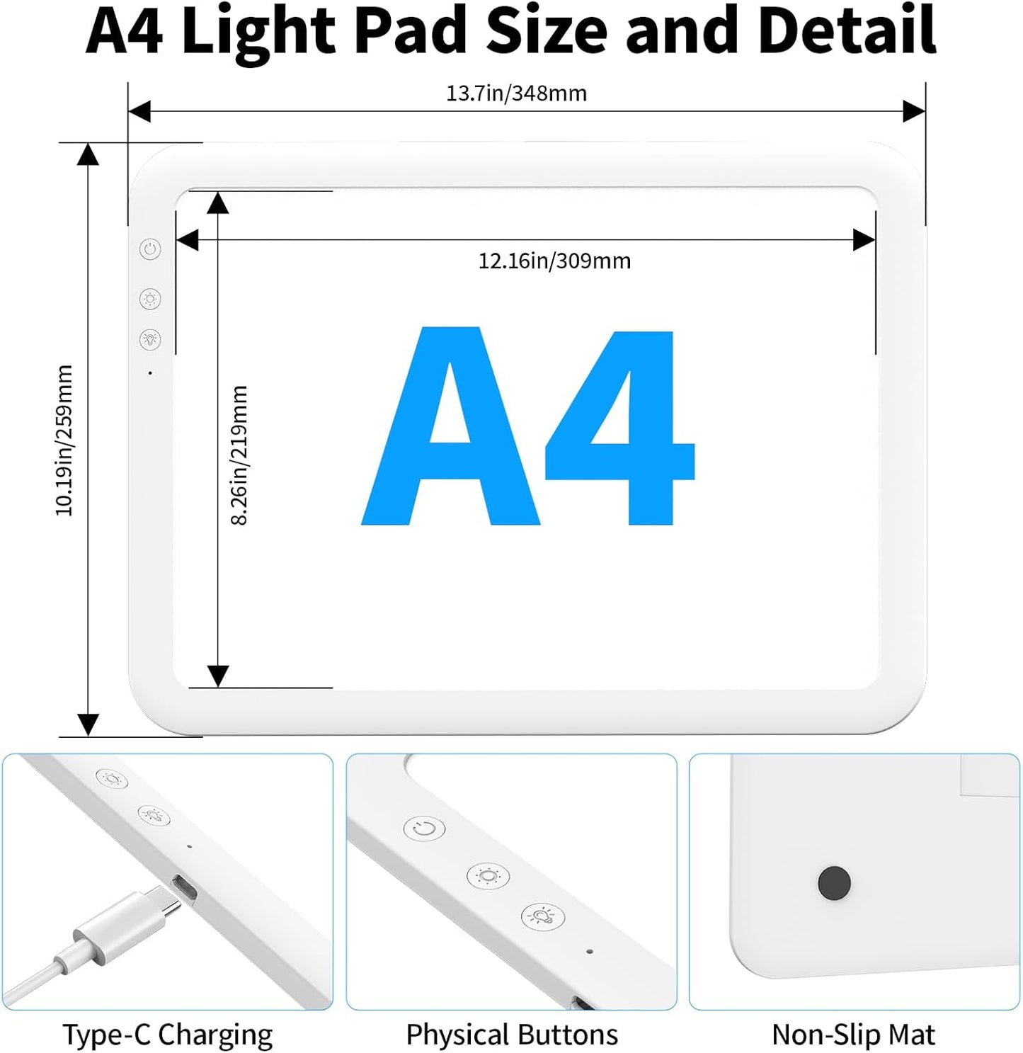 TOHETO A4 Rechargeable Led Super Bright Light Pad Powered by 3500mAh Lithium Battery for Weeding Vinyl Tool, Portable Wireless Light Board/Box for Tracing, Diamond Painting, Sketching & Drawing