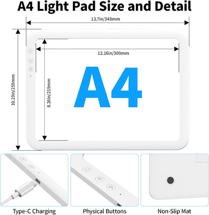 TOHETO A4 Rechargeable Led Super Bright Light Pad Powered by 3500mAh Lithium Battery for Weeding Vinyl Tool, Portable Wireless Light Board/Box for Tracing, Diamond Painting, Sketching & Drawing