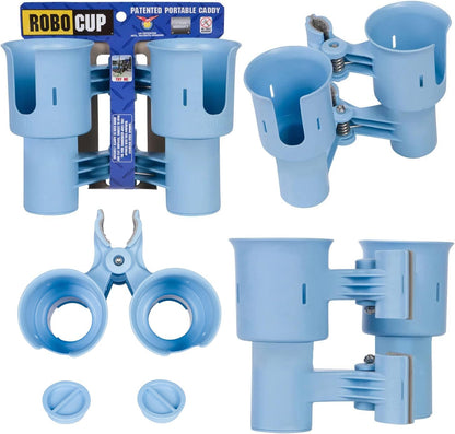 ROBOCUP, (White), Patented Clamp On Boat Cup Holder |Multifunction Dual Drink Caddy for Fishing Poles, Tools, Net, Gaff |Portable Storage for Boating, Beach, Umbrellas, Golf Carts, Strollers