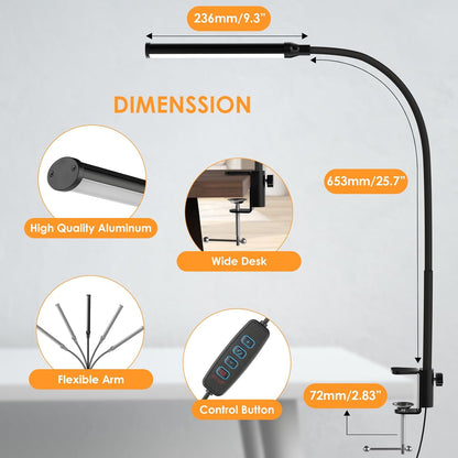 ShineTech LED Desk Lamp with Clamp, Eye-Caring Clip on Desk Light with 3 Color Modes & Stepless Dimming, 360° Flexible Gooseneck Desk Lamp for Home Office College Dorm with USB Adapter