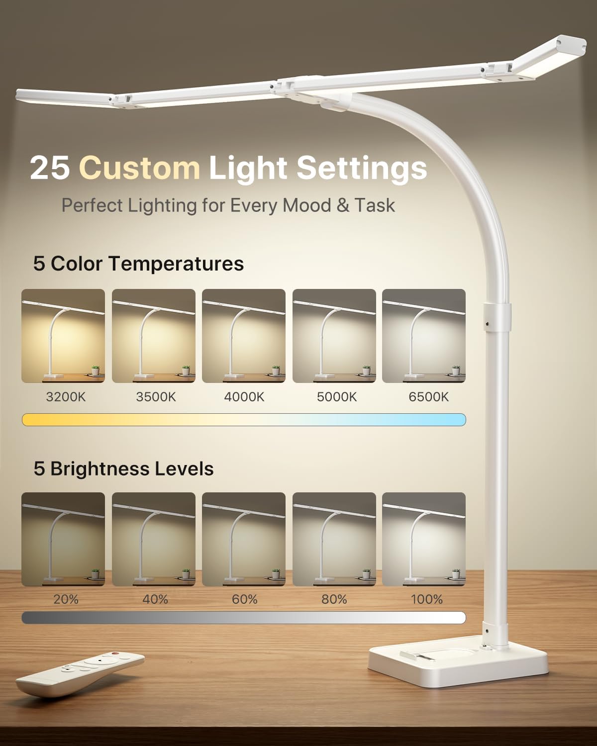 ONEMIX 42" LED Desk Lamp with Clamp, Architect Desk Light with Remote, Adjustable 4-Segment Bar, 1800LM Bright, Eye-Caring Desk Lamp for Home Office, Reading, Study, Dual Monitors, Workbench(Black)