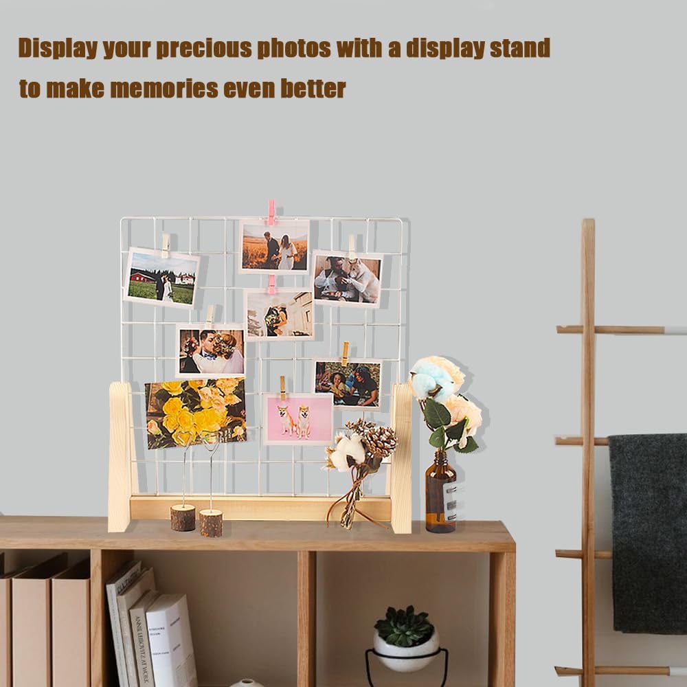 15.7”X15.7” Grid Wall Countertop Display Stand Metal Grid Wall Stand with Mini T-Base Portable Tabletop Display Unit with 20 Small Clips for Shows Retail Crafts Artistic Drawings Photos