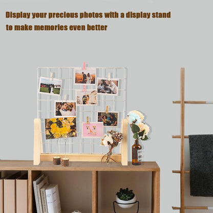 15.7”X15.7” Grid Wall Countertop Display Stand Metal Grid Wall Stand with Mini T-Base Portable Tabletop Display Unit with 20 Small Clips for Shows Retail Crafts Artistic Drawings Photos