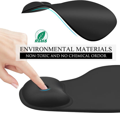 JIKIOU Mouse Pad, 2 Pack Ergonomic Mouse Pads with Comfortable Gel Wrist Rest Support and Smooth Cloth, Non-Slip PU Base for Easy Typing Pain Relief Durable and Easy to Clean Small Black