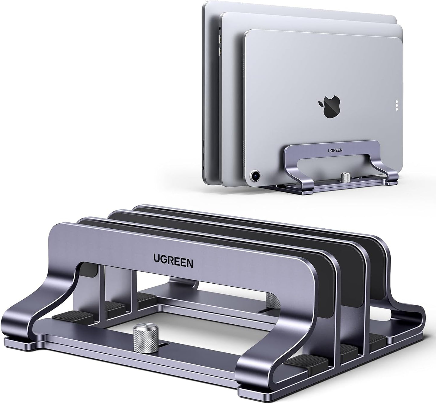 UGREEN 2-Slot Vertical Laptop Stand Holder Desk Compatible with MacBook Pro Air Laptop Stand Desktop Adjustable, Lenovo Ideapad, Surface Book, HP Notebook, Dell Chromebook Up to 17.3 Inch, Space Gray