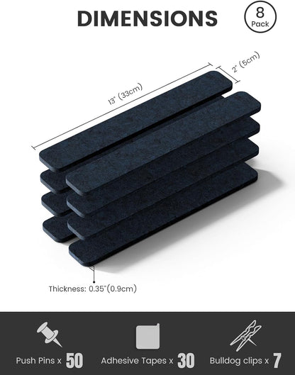 Fluxynara Cork Board Alternative Felt Strip Board 8-Pack 13"x2", Office Pin Board with 50 Push Pins, Adhesive Install for Bedroom Door & Home Office(Linen Dusk)