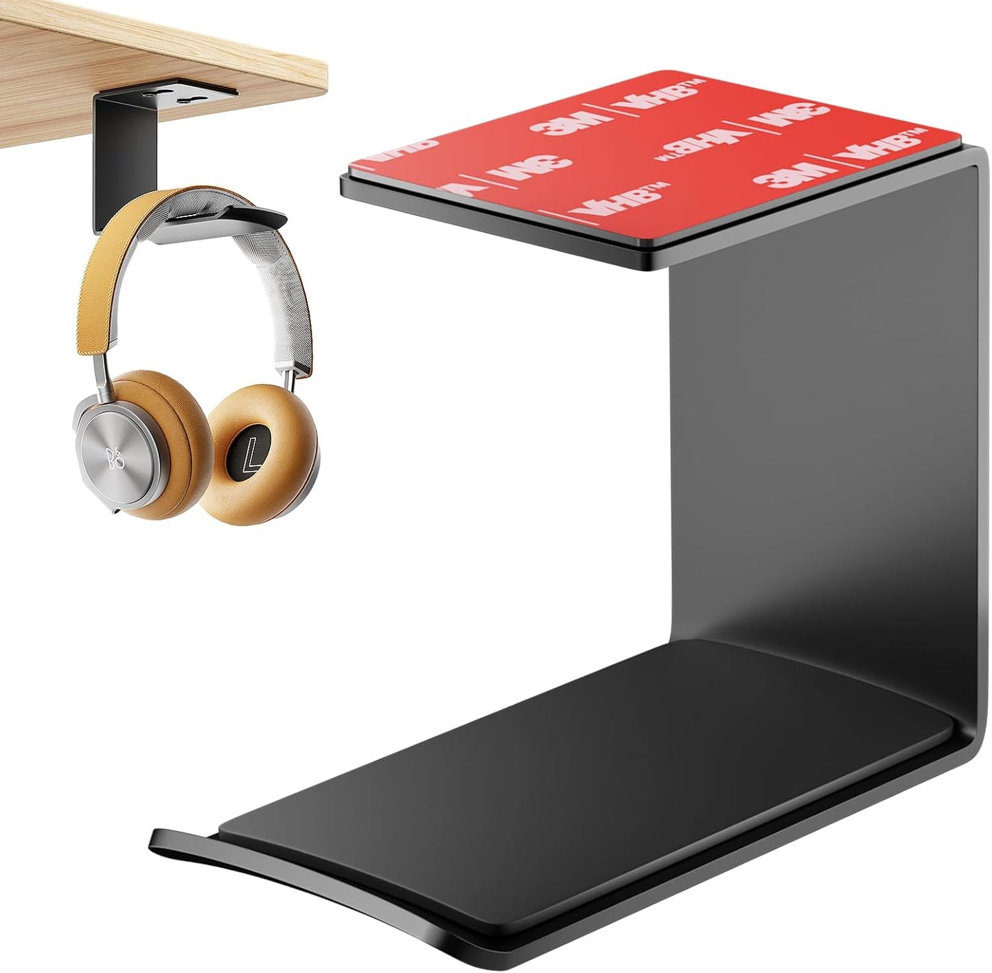 Headphone Stand Hanger,Headset Holder Mount,Aluminum Hook with Strong Adhesive Tape for Headphones (H02-Black-1PCS)