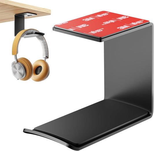 Headphone Stand Hanger,Headset Holder Mount,Aluminum Hook with Strong Adhesive Tape for Headphones (H02-Black-1PCS)