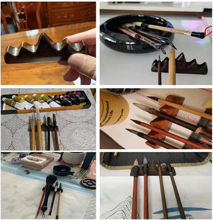 2 Pack Paint Brush Holder Chinese Calligraphy Brushes Rest Stand Support Wooden Montain Non Rolling Keeper for Paintbrush Pens Paintbrushes Ink Writing Painting Drawing Art Watercolor Pencils