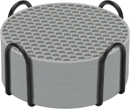 TWTLi Silicone Coasters Set of 8 with Holder,Coasters for Drinks,Beer,Coffee Coasters,Suitable for Kinds Cups,Hot or Cold,Anti-SLI,Non-Stick,Anti-Overflow Tabletop Protection and Decor (8 Pcs, Black)