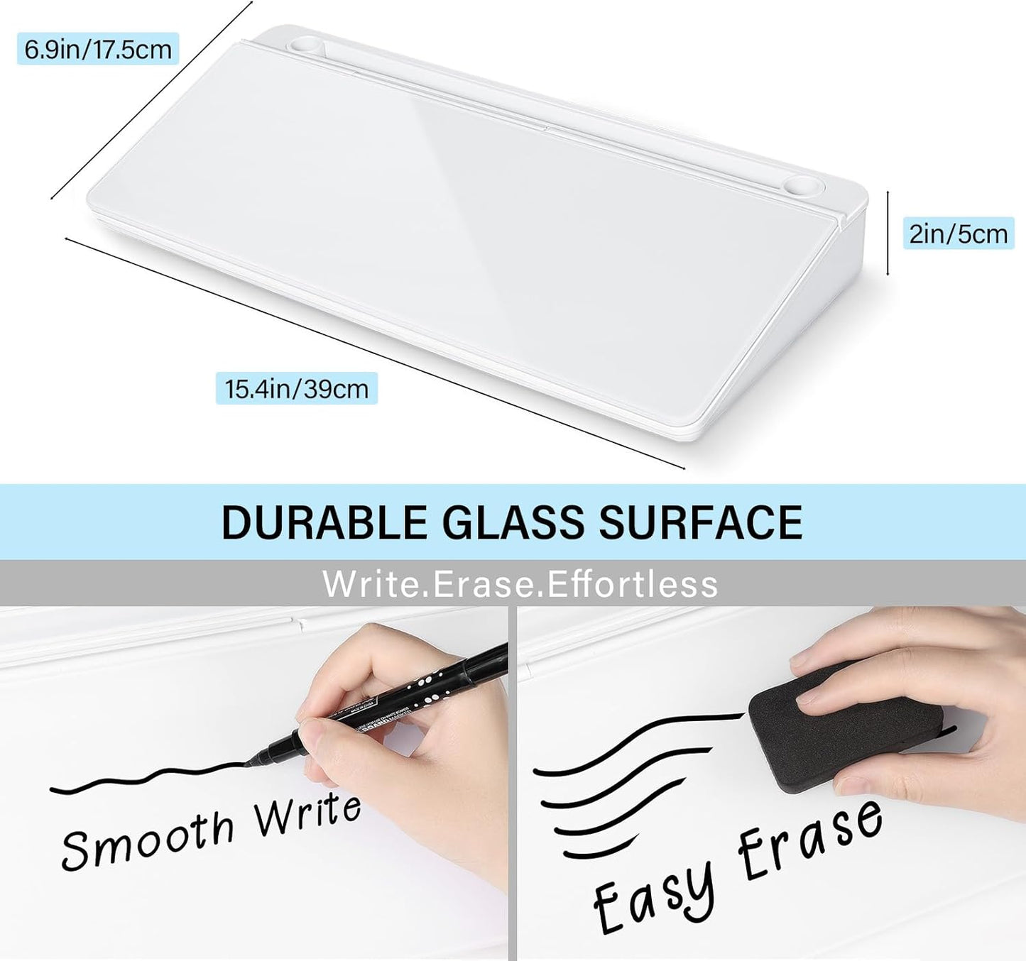Glass Desktop Whiteboard with Storage 15" x 7" Desk Dry Erase Board with Marker & Eraser Compact Desk Organizer Computer Keyboard Stand Desk Board Buddy for Office, Home, School
