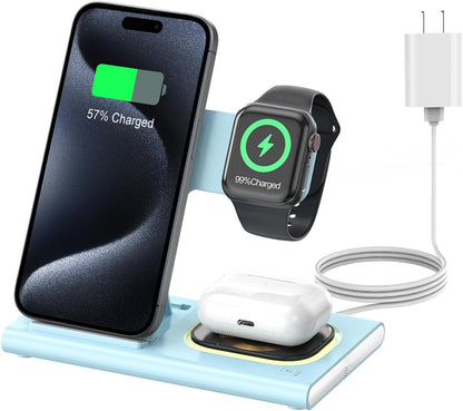 3 in 1 Foldable Charging Station for Apple Products,Wireless Charger for iPhone 17 16 15 14 13 12 Pro Max,Travel Dock Adapter&Light for iWatch Series 11 10 9 Ultra 3/2 SE 3/2,for AirPods 4 3 2 Pro 3/2