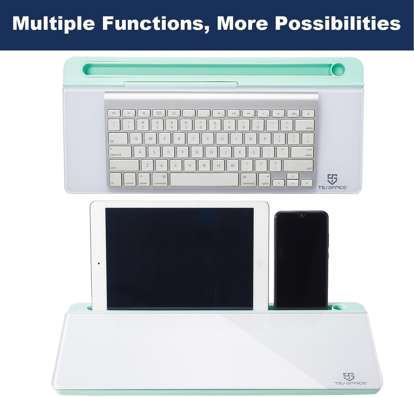TSJ OFFICE Small Desktop Whiteboard -Glass Dry Erase Board Computer Keyboard Stand White Board Surface Pad with Drawer, Desk Organizers with Accessories for Office, Home, School Supplies - White