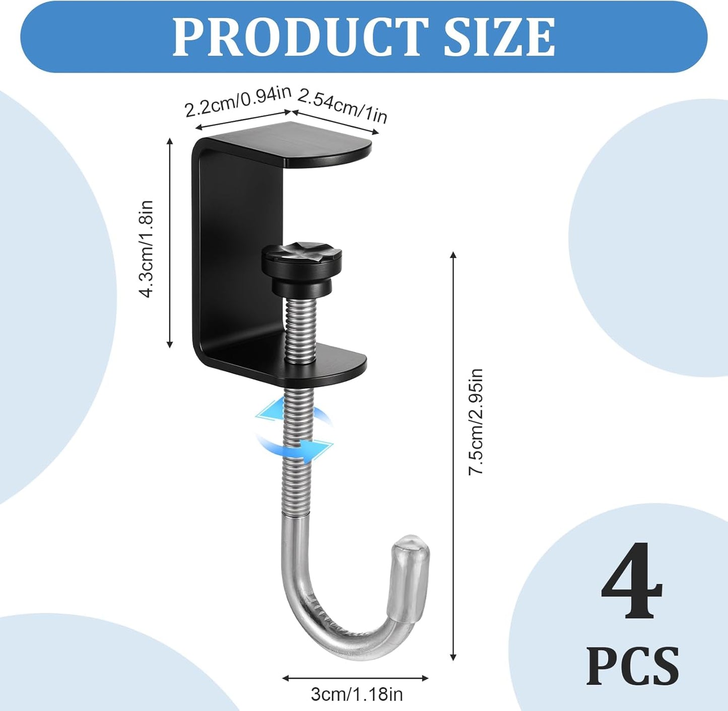cobee Clamp-On Under Desk Hooks, Desk Mount Hanging Bag Holder Metal Hook Adjustable Headphones Clamp Organizer Portable Purse Hanger Clip Reduce Desk Clutter Table Desk Under Counter (4 Pcs, Black)