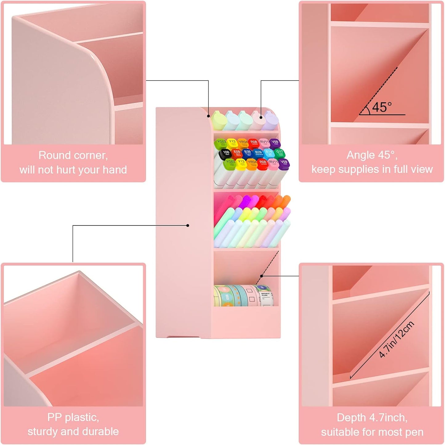 Asten Pen Holder, Pencil Holder for Desk, Pen Organizer for Office, School, Desktop, Large Capacity Pen Storage Organizer with 5 Compartment for Pens, Markers, Makeup Brush, Cosmetics (Clear, 3 Pack)